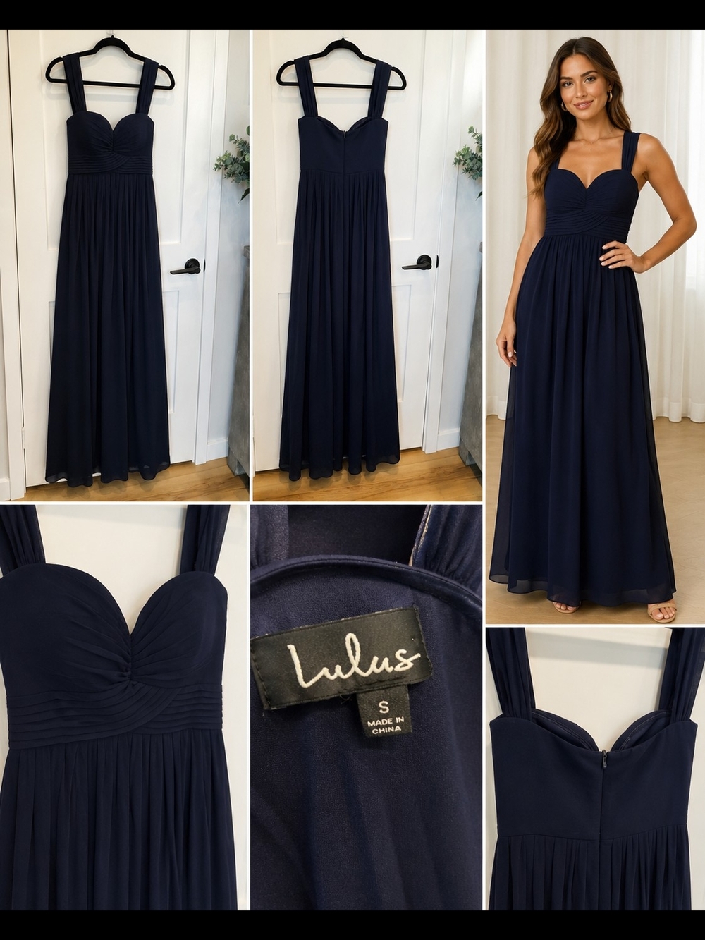 Lulu's Navy Chiffon Sweetheart Maxi Dress with Wide Straps